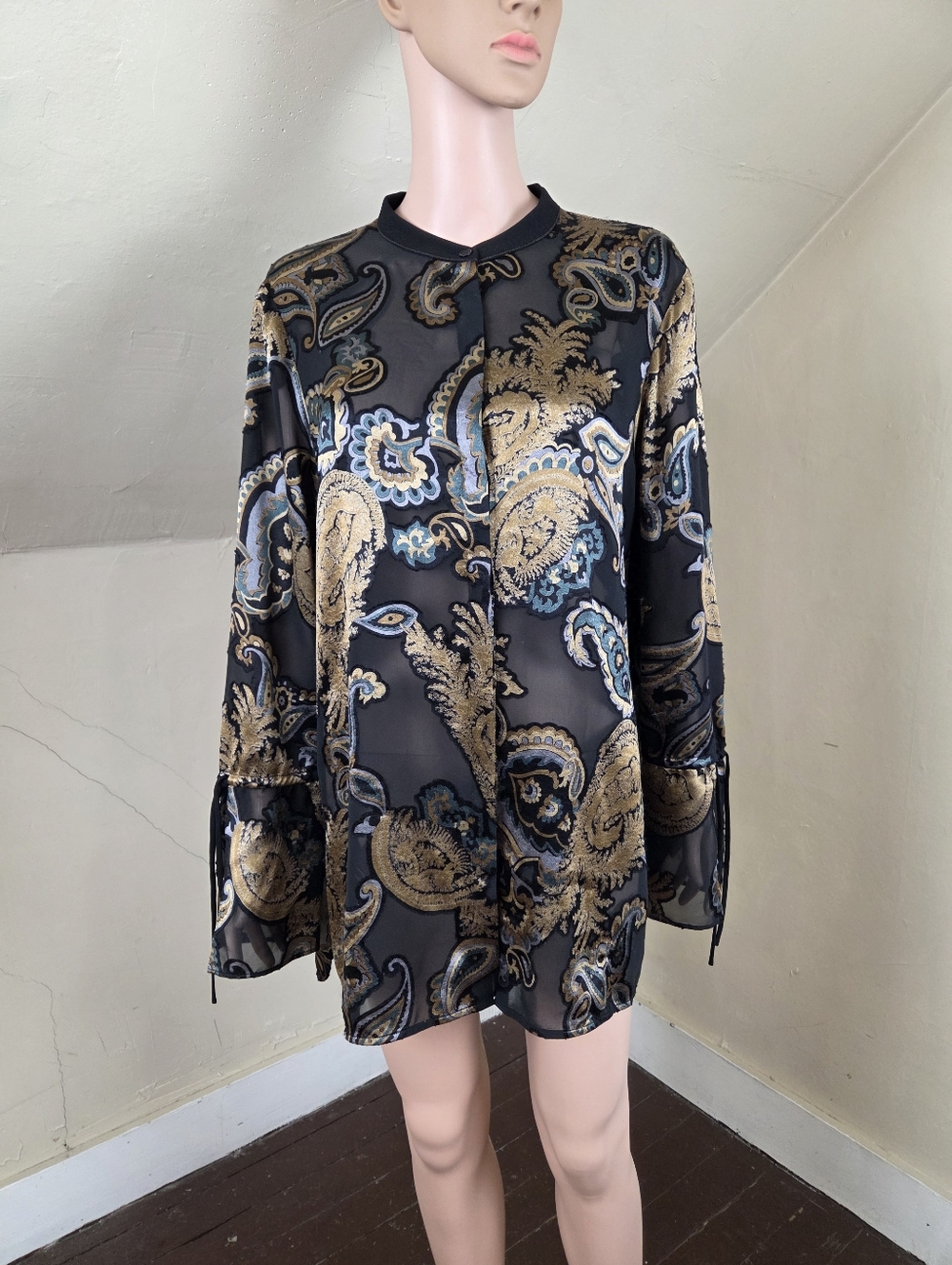 Lafayette 148 New York Sheer Paisley Embroidered Blouse Tunic XL Tie Cuff Sleeve